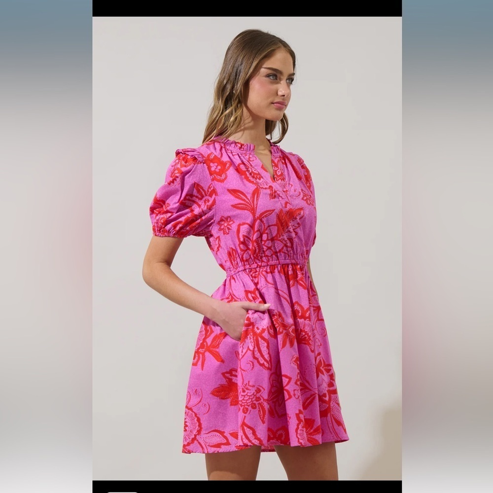 SugarLips Weirly Floral Poplin Mini Dress Red Pink Multi - Picture 4 of 7
